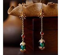LOKILOKI Nouvelles Boucles d'oreilles Élégantes Pendantes Femmes, Pierres Rouges Boucles d'oreilles Vintage Swing Longues, Nouvelles Boucles d'oreilles Ethniques en Pierre Naturelle Verte Bijoux