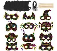 LOKIPA Lot de 24 masques d'Halloween en papier à gratter - Squelette de chat citrouille chauve-souris araignée - Décorations pour enfants de 3 à 8 ans
