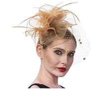 LOKLNEYK Chapeau Bibi for Femme, en Maille, avec Rubans et Plumes, Serre-tête, Pince à Cheveux, for Cocktail, thé, fête(Khaki)
