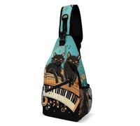 LOKLNEYK Sac de poitrine décontracté avec quatre chats noirs allongés sur le clavier de piano Sac à dos à bandoulière Sac à dos pour l'extérieur, la randonnée, les voyages