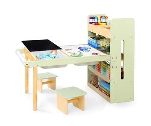 LOL-FUN Table Sensorielle pour Enfant avec 2 Petits Tabourets, Cadeau Table en Bois avec 2 Bacs de Rangement pour Garçons et Filles,Table D'activités pour Apprendre, Jouer et Dessin