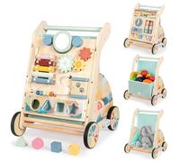 LOL-FUN Wooden Baby Walker with Double-Sided Busy Board, Push Walker for Baby with Adjustable Speed Wheels, Activity Learning Walker for Boys 6-12 Months