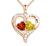 LOLA CLORIS Collier en forme de cœur en or rose 18 carats, bijoux pour femme avec 2 pierres de naissance, cadeaux personnalisés pour maman, épouse, « I Love You Always and Forever », or, oxyde de