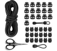 LOLANIUT Cordon Élastique en Caoutchouc Noir 3 mm x 10m avec 20 Bloqueurs de Cordon à 2 Trous, Fermeture Éclair et 20 Boucles en Plastique pour Sac à Dos, Cordes à Linge, Lacets et DIY