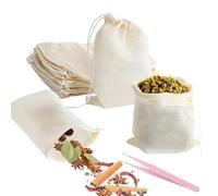 LOLANIUT Lot de 20 Sachets de Thé Réutilisables 10×15 cm, Sachet de Thé à Remplir Jetable en Coton Naturel avec Cordon, Sachet pour Thé en Vrac Réutilisable pour Infusion, Épices et Café + Pince Métal