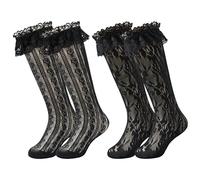 LOLANTA 2 paires de chaussettes hautes à volants en dentelle pour fille, bas en résille à motifs mignons, pour fête, école, cosplay, 5-9 ans