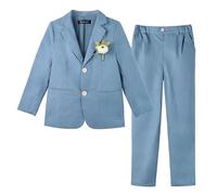 LOLANTA 2 Pièces Costume Mariage Garçon en Lin, Ensemble Veste Cintrée et Pantalon Costume Enfant pour Baptême, Cérémonie, Fête d'anniversaire, Tenue de Page Élégante, Bleu Ardoise, 7-8 Ans, 130
