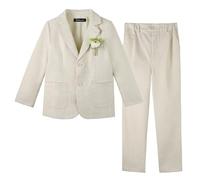 LOLANTA 2 Pièces Costume Mariage Garçon en Lin, Ensemble Veste Cintrée et Pantalon Costume Enfant pour Baptême, Cérémonie, Fête d'anniversaire, Tenue de Page Élégante, Beige, 12-13 Ans, 160