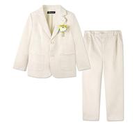 LOLANTA 2 Pièces Costume Mariage Garçon en Lin, Ensemble Veste Cintrée et Pantalon Costume Enfant pour Baptême, Cérémonie, Fête d'anniversaire, Tenue de Page Élégante, Beige, 5-6 Ans, 120