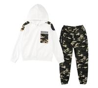 LOLANTA 2PCS Enfants Survêtement Ensemble Sweatshirt à Capuche et Pantalon de Cargo Camouflage pour Garçons, Blanc, 10-11 ans, 150