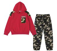 LOLANTA 2PCS Enfants Survêtement Ensemble Sweatshirt à Capuche et Pantalon de Cargo Camouflage pour Garçons, Rouge, 10-11 ans, 150