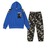 LOLANTA 2PCS Enfants Survêtement Ensemble Sweatshirt à Capuche et Pantalon de Cargo Camouflage pour Garçons, Bleu, 8-9 ans, 140
