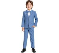 LOLANTA 3 Pièces Garçons Plaid Carreaux Costume, Blazer élégant de fête de Mariage,Ensemble Veste Pantalon Nœud Papillon(Bleu Brume,9-10 Ans,Tag 140)