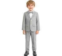 LOLANTA 3 Pièces Garçons Plaid Carreaux Costume, Blazer élégant de fête de Mariage,Ensemble Veste Pantalon Nœud Papillon (12-13 Ans, Gris，Tag 170)