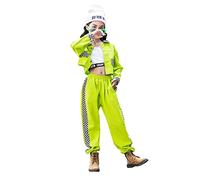 LOLANTA 3Pcs Costume Hip Hop pour filles, débardeur, veste courte et jogging en damier, ensemble de vêtements Streetwear pour enfants, vert clair, 160