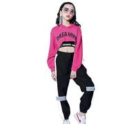 LOLANTA 3Pcs Filles Costume de Danse Hip-hop Enfants vêtements de Danse de Rue Ensemble Court Sweat à Capuche, débardeur, Pantalon réfléchissant (13-15 Ans, rosé)