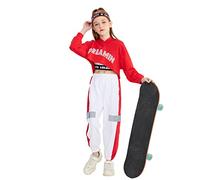 LOLANTA 3Pcs Filles Costume de danse hip-hop enfants vêtements de danse de rue ensemble court sweat à capuche, débardeur, pantalon réfléchissant (13-15 ans, Rouge)