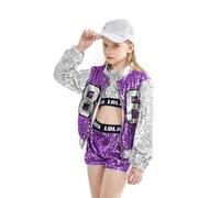 LOLANTA 4 Pcs Filles Paillettes Danse Costume Enfants Hip Hop Stree Dance Vêtements Ensemble attacher des chaussettes, Violet, 11-12 ans, 160