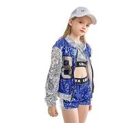 LOLANTA 4 Pcs Filles Paillettes Danse Costume Enfants Hip Hop Stree Dance Vêtements Ensemble Attacher des Chaussettes, Bleu, 13-15 ans, 170