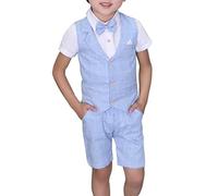 LOLANTA 4 pièces Costume Enfant Garcon Mariage Ete, Vetements Garcon Ceremonie, Short Gilet Chemise nœud Papillon, 7-8 Ans, Bleu, Fabricant 130