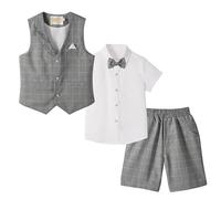LOLANTA 4 pièces Costume Enfant Garcon Mariage Ete, Vetements Garcon Ceremonie, Short Gilet Chemise nœud Papillon, 4-5 Ans, Gris Foncé, Fabricant 110