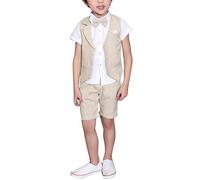 LOLANTA 4 pièces Costume Enfant Garcon Mariage Ete, Vetements Garcon Ceremonie, Short Gilet Chemise nœud Papillon, 7-8 Ans, Beige, Fabricant 130