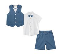 LOLANTA 4 pièces Costume Garcon Mariage Ete, Tenue Enfant Garcon Ceremonie, Vêtement Baptême Anniversaire Garçon Page, Ensemble Costume Short Lin Gile Chemise avec nœud Papillon, Bleu, 8-9 Ans, 140