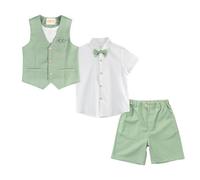 LOLANTA 4 pièces Costume Garcon Mariage Ete, Tenue Enfant Garcon Ceremonie, Vêtement Baptême Anniversaire Garçon Page, Ensemble Costume Short Lin Gile Chemise avec nœud Papillon, Vert, 5-6 Ans, 120