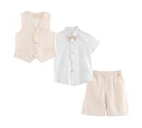 LOLANTA 4 pièces Costume Garcon Mariage Ete, Tenue Enfant Garcon Ceremonie, Vêtement Baptême Anniversaire Garçon Page, Ensemble Costume Short Lin Gile Chemise avec nœud Papillon, Beige, 11-12 ans, 160