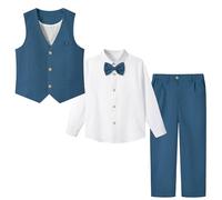 LOLANTA 4 Pièces Costume Garçon Mariage, Lin Gilet Pantalon Vetement Cérémonie Enfant, Tenue en Baptême, Fête d'anniversaire, Bleu, 10-11 Ans, 150