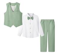 LOLANTA 4 Pièces Costume Garçon Mariage, Lin Gilet Pantalon Vetement Cérémonie Enfant, Tenue en Baptême, Fête d'anniversaire, Vert, 8-9 Ans, 140