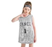 LOLANTA Costume de Danse à Paillettes pour Filles, Vêtements de Danse Hip Hop Jazz, Robe sans Manches à Paillettes Robe Débardeur, Argent, 11-12 Ans, 160
