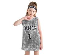 LOLANTA Costume de Danse à Paillettes pour Filles, Vêtements de Danse Hip Hop Jazz, Robe sans Manches à Paillettes Robe Débardeur, Gris Argent, 8-9 Ans, 140