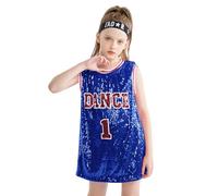LOLANTA Costume de Danse à Paillettes pour Filles, Vêtements de Danse Hip Hop Jazz, Robe sans Manches à Paillettes Robe Débardeur, Bleu, 6-7 Ans, 130
