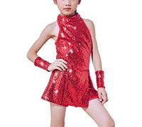 LOLANTA Costume de Danse de Paillettes de Filles Vêtements de Danse Hip hop Tenue de Danse Scintillante, Rouge, 6-7 Ans, 130