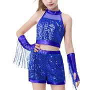 LOLANTA Costume de Danse Filles à Paillettes, Ensemble Gymnastique et Danse Brillant pour Enfants, Tenue Jazz, Moderne et Street Dance avec Haut Court et Short(Bleu, 5-6 Ans, 120)