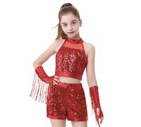 LOLANTA Costume de Danse Filles à Paillettes, Tenue Hip Hop Jazz Brillante, Vêtements de Danse Streetwear Enfant avec Top Court Sans Manches et Short(Rouge, 7-8 Ans, 130)