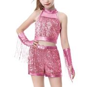 LOLANTA Costume de Danse Filles à Paillettes, Tenue Hip Hop Jazz Brillante, Vêtements de Danse Streetwear Enfant avec Top Court Sans Manches et Short(Rose Clair, 5-6 Ans, 120)