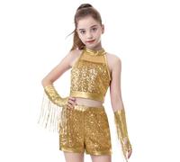 LOLANTA Costume de Danse Filles à Paillettes, Tenue Hip Hop Jazz Brillante, Vêtements de Street Dance pour Enfants avec Haut Court Sans Manches et Short de Danse(Or, 8-9 Ans, 140)