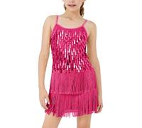 LOLANTA Costume de Danse Latine Rumba Salsa Chacha à Paillettes et Glands Franges pour Filles, Scintillant Mini Robe sans Manches à Réglable Bretelles avec Short, Rose, 6-7 Ans, 130