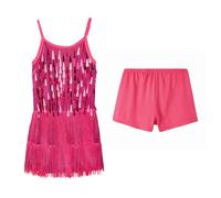 LOLANTA Costume de Danse Latine Rumba Salsa Chacha à Paillettes et Glands Franges pour Filles, Scintillant Mini Robe sans Manches à Réglable Bretelles avec Short, Rose, 5-6 Ans, 120