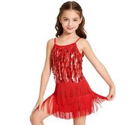 LOLANTA Costume de Danse Latine Rumba Salsa Chacha à Paillettes et Glands Franges pour Filles, Scintillant Mini Robe sans Manches à Réglable Bretelles avec Short, Rouge, 11-12 Ans, 160