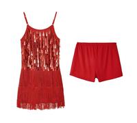 LOLANTA Costume de Danse Latine Rumba Salsa Chacha à Paillettes et Glands Franges pour Filles, Scintillant Mini Robe sans Manches à Réglable Bretelles avec Short, Rouge, 10-11 Ans, 150