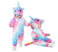 LOLANTA Costume de Licorne Arc-en-ciel pour Enfant, Grenouillère à Capuche en Peluche pour Bébé, Bleu Rose, 12-18 mois