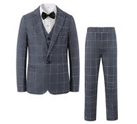 LOLANTA Costume Enfant 5 Pièces Gris à Carreaux - Veste, Pantalon, Gilet, Chemise, Nœud Papillon pour Mariage et Cérémonie（Gris à Carreaux, 3-4 Ans, 100