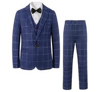 LOLANTA Costume Enfant, Ensemble 5 Pièces Garçon Tenues de Mariage à Carreaux pour Garçons Blazer Pantalon Gilet Chemise Nœud Papillon，Tenue de Bal（Bleu, 3-4 Ans, 100