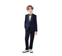 LOLANTA Costume Garçon 4 Pièces, Ensemble Smoking Formelle Marine pour Enfants, Costume Brillant pour Soirée, Veste, Pantalon, Chemise, Nœud Papillon(Marine, 7-8 Anni, 130)