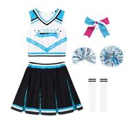 LOLANTA Costumes de Pom-pom Girl pour Filles, Deguisement Pompom Girl Enfant, Costume Cheerleader Fille de Carnaval avec Pompons Chaussettes(Bleu lac,7-8 ans,Tag Size 130)