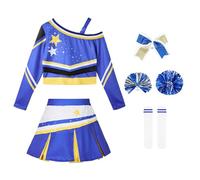 LOLANTA Déguisement de pom-pom girl scintillante pour fille avec pompons, nœud et chaussettes, bleu, 9-10 ans, 140