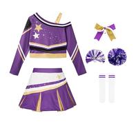 LOLANTA Déguisement de pom-pom girl scintillante pour fille avec pompons, nœud et chaussettes, violet, 5-6 ans, 120